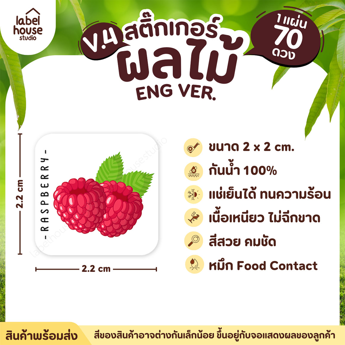 สติ๊กเกอร์ ผลไม้ ไส้ขนม สติ้กเกอร์ รสชาติผลไม้ สไตล์มินิมอล ภาษาอังกฤษ กันน้ำ 2 x 2 ซม. (70 ดวง/แผ่น) สติกเกอร์ ราสป์เบอร์รี่
