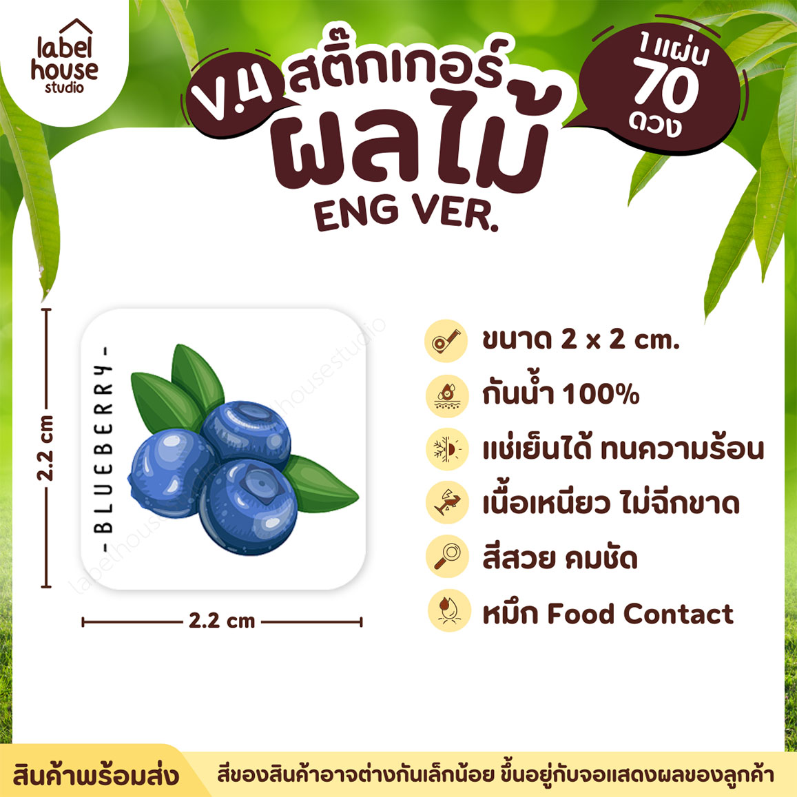 สติ๊กเกอร์ ผลไม้ ไส้ขนม สติ้กเกอร์ รสชาติผลไม้ สไตล์มินิมอล ภาษาอังกฤษ กันน้ำ 2 x 2 ซม. (70 ดวง/แผ่น) สติกเกอร์ บลูเบอร์รี่