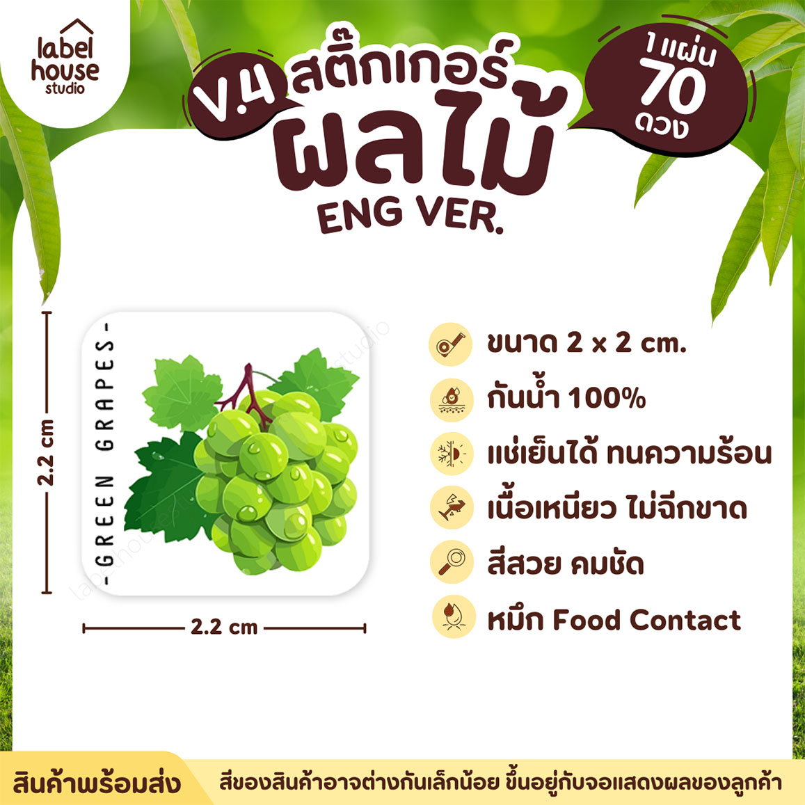 สติ๊กเกอร์ ผลไม้ ไส้ขนม สติ้กเกอร์ รสชาติผลไม้ สไตล์มินิมอล ภาษาอังกฤษ กันน้ำ 2 x 2 ซม. (70 ดวง/แผ่น) สติกเกอร์ องุ่นเขียว