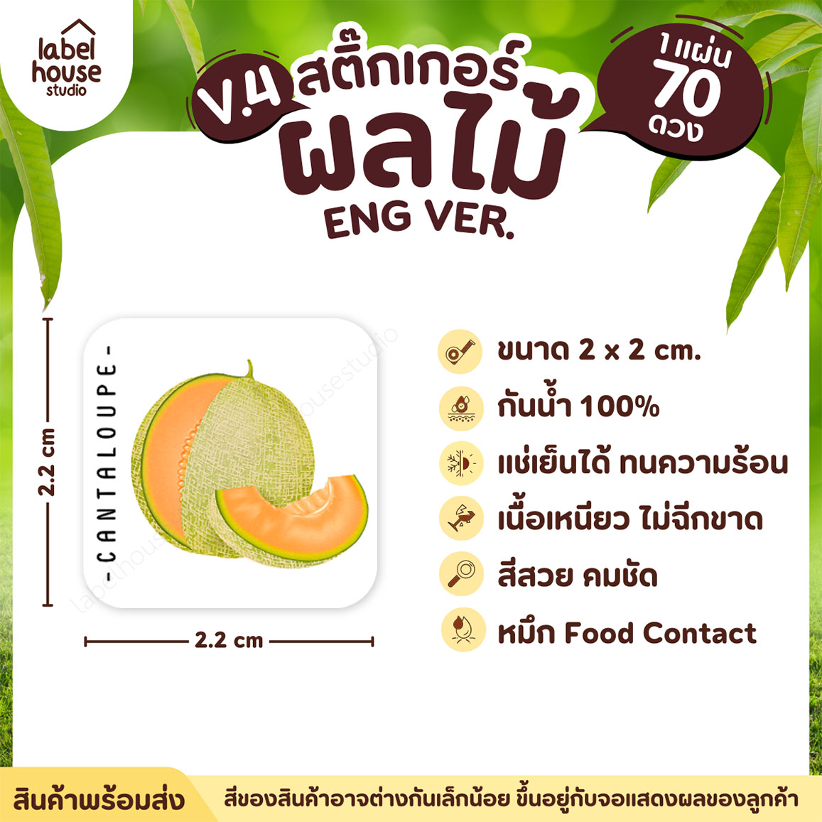 สติ๊กเกอร์ ผลไม้ ไส้ขนม สติ้กเกอร์ รสชาติผลไม้ สไตล์มินิมอล ภาษาอังกฤษ กันน้ำ 2 x 2 ซม. (70 ดวง/แผ่น) สติกเกอร์ แคนตาลูป