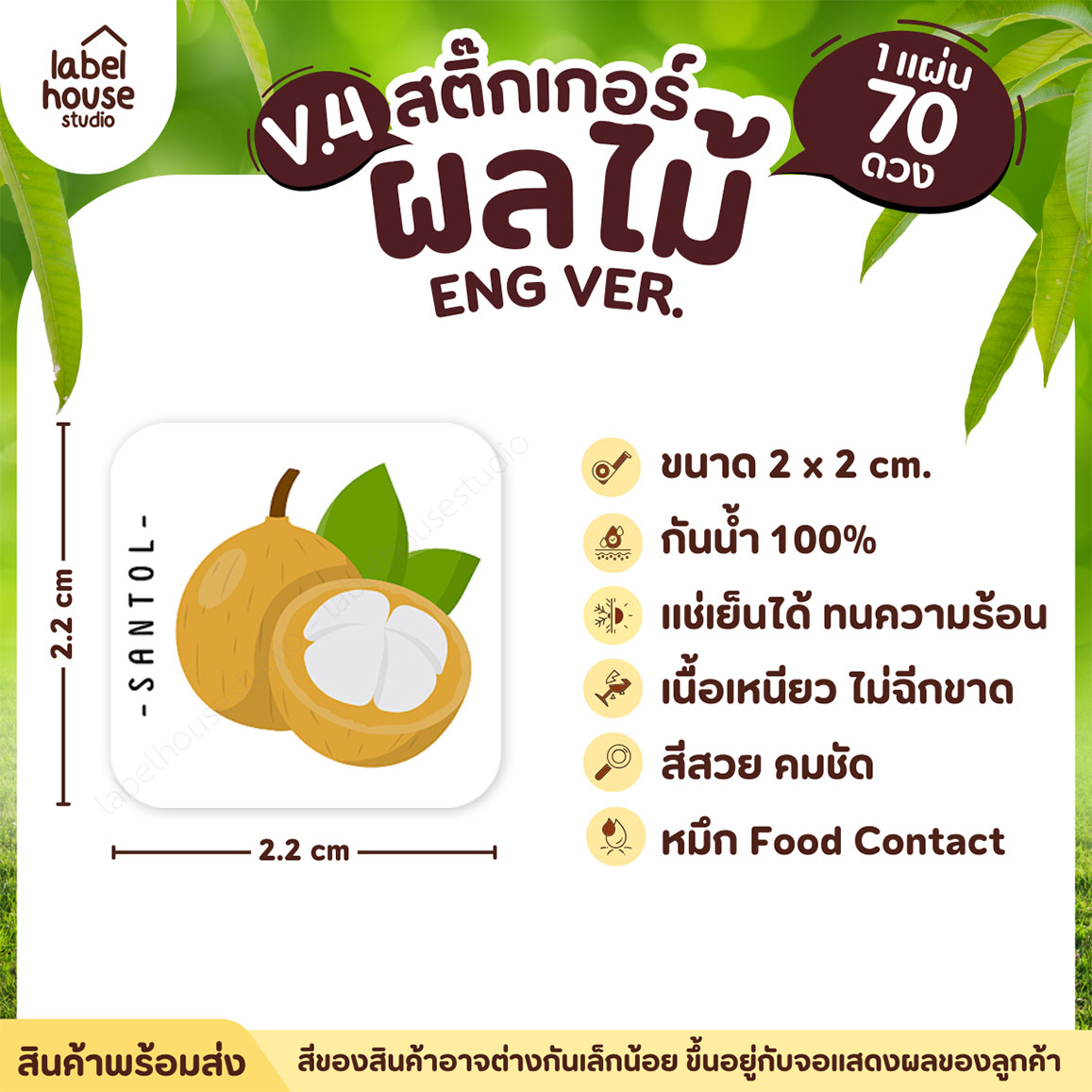 สติ๊กเกอร์ ผลไม้ ไส้ขนม สติ้กเกอร์ รสชาติผลไม้ สไตล์มินิมอล ภาษาอังกฤษ กันน้ำ 2 x 2 ซม. (70 ดวง/แผ่น) สติกเกอร์ กระท้อน