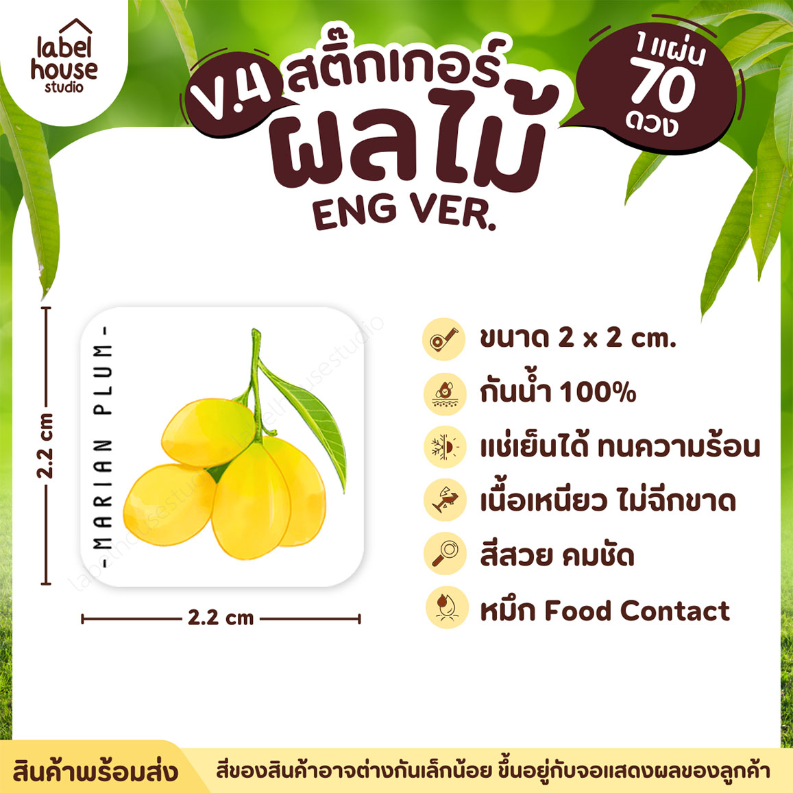 สติ๊กเกอร์ ผลไม้ ไส้ขนม สติ้กเกอร์ รสชาติผลไม้ สไตล์มินิมอล ภาษาอังกฤษ กันน้ำ 2 x 2 ซม. (70 ดวง/แผ่น) สติกเกอร์ มะปราง