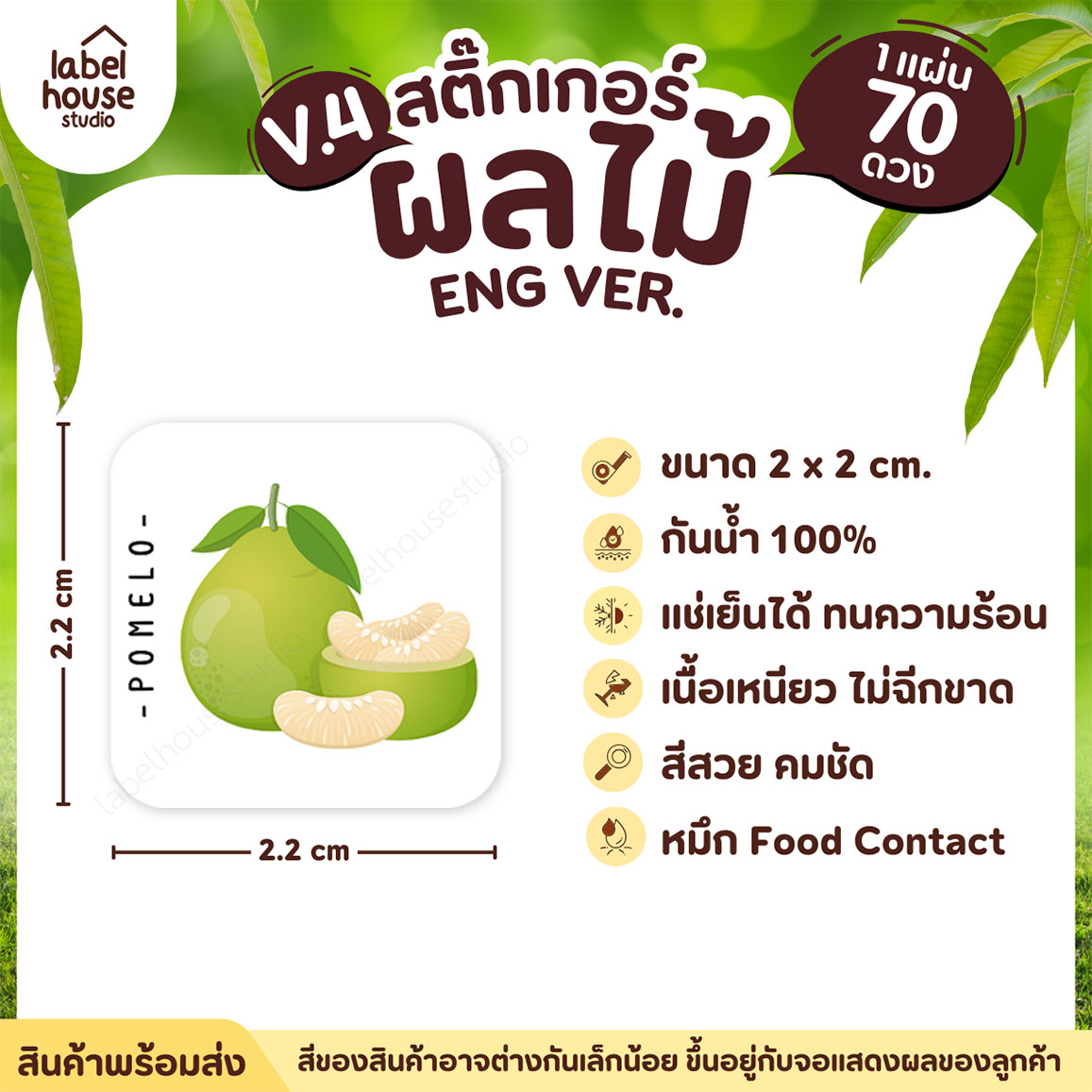 สติ๊กเกอร์ ผลไม้ ไส้ขนม สติ้กเกอร์ รสชาติผลไม้ สไตล์มินิมอล ภาษาอังกฤษ กันน้ำ 2 x 2 ซม. (70 ดวง/แผ่น) สติกเกอร์ ส้มโอ