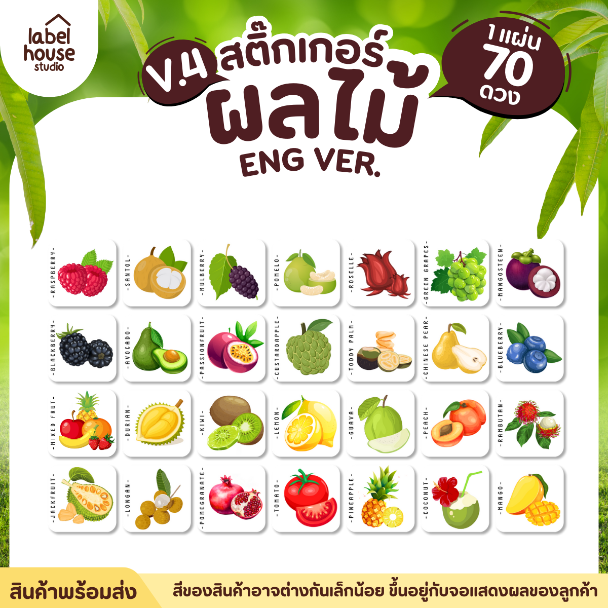 สติ๊กเกอร์ ผลไม้ ไส้ขนม สติ้กเกอร์ รสชาติผลไม้ สไตล์มินิมอล ภาษาอังกฤษ กันน้ำ 2 x 2 ซม. (70 ดวง/แผ่น) สติกเกอร์ - รูปที่ 1