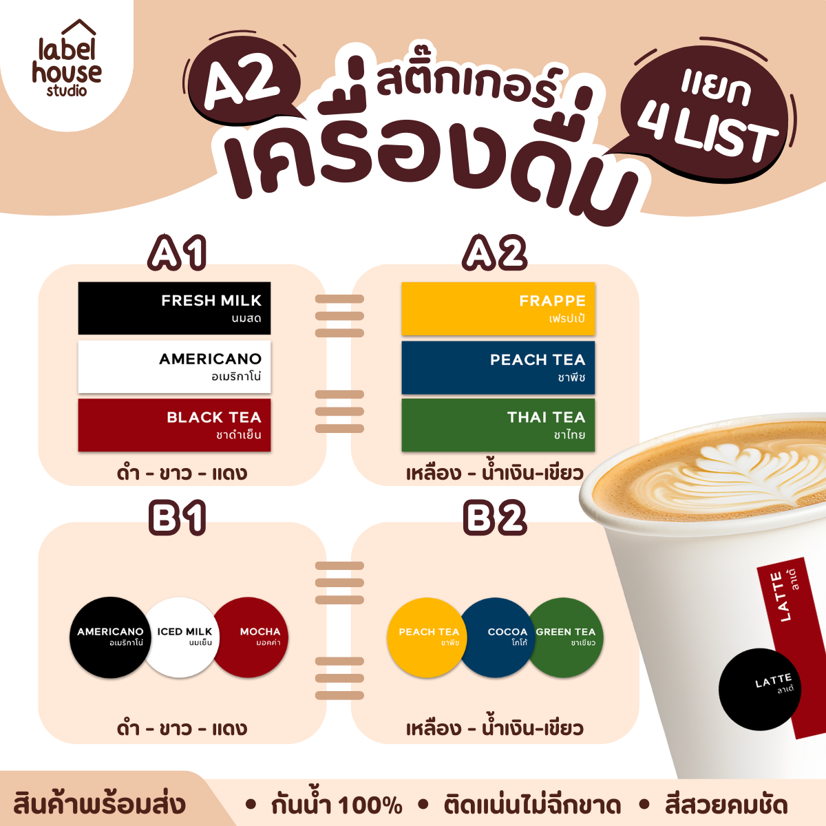 สติ๊กเกอร์เมนูน้ำชง วงกลม ผืนผ้า เนื้อ PP กันน้ำ ติดแก้ว/ขวดเครื่องดื่ม